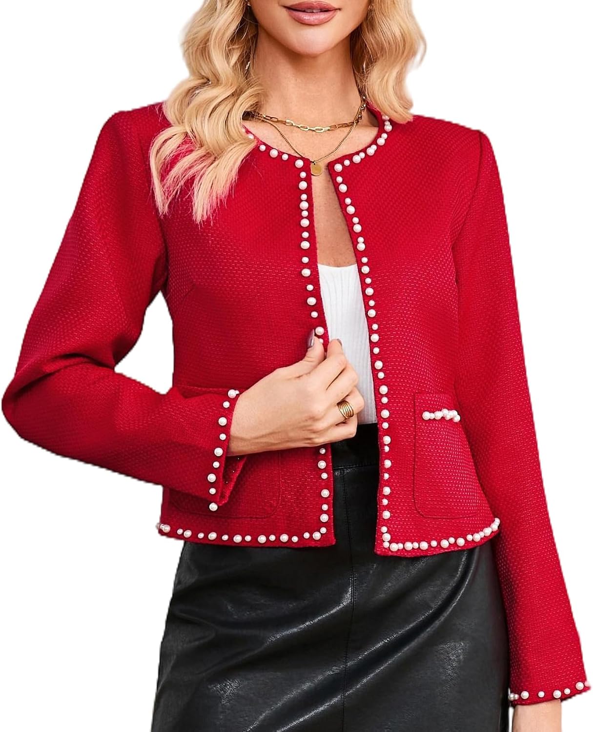 Women Cropped Tweed Blazer Jacket Long Sleeve Crewneck Open Front Pearl Trim Casual Fall Outfit with Pockets