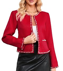 Women Cropped Tweed Blazer Jacket Long Sleeve Crewneck Open Front Pearl Trim Casual Fall Outfit with Pockets