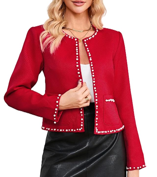 Women Cropped Tweed Blazer Jacket Long Sleeve Crewneck Open Front Pearl Trim Casual Fall Outfit with Pockets