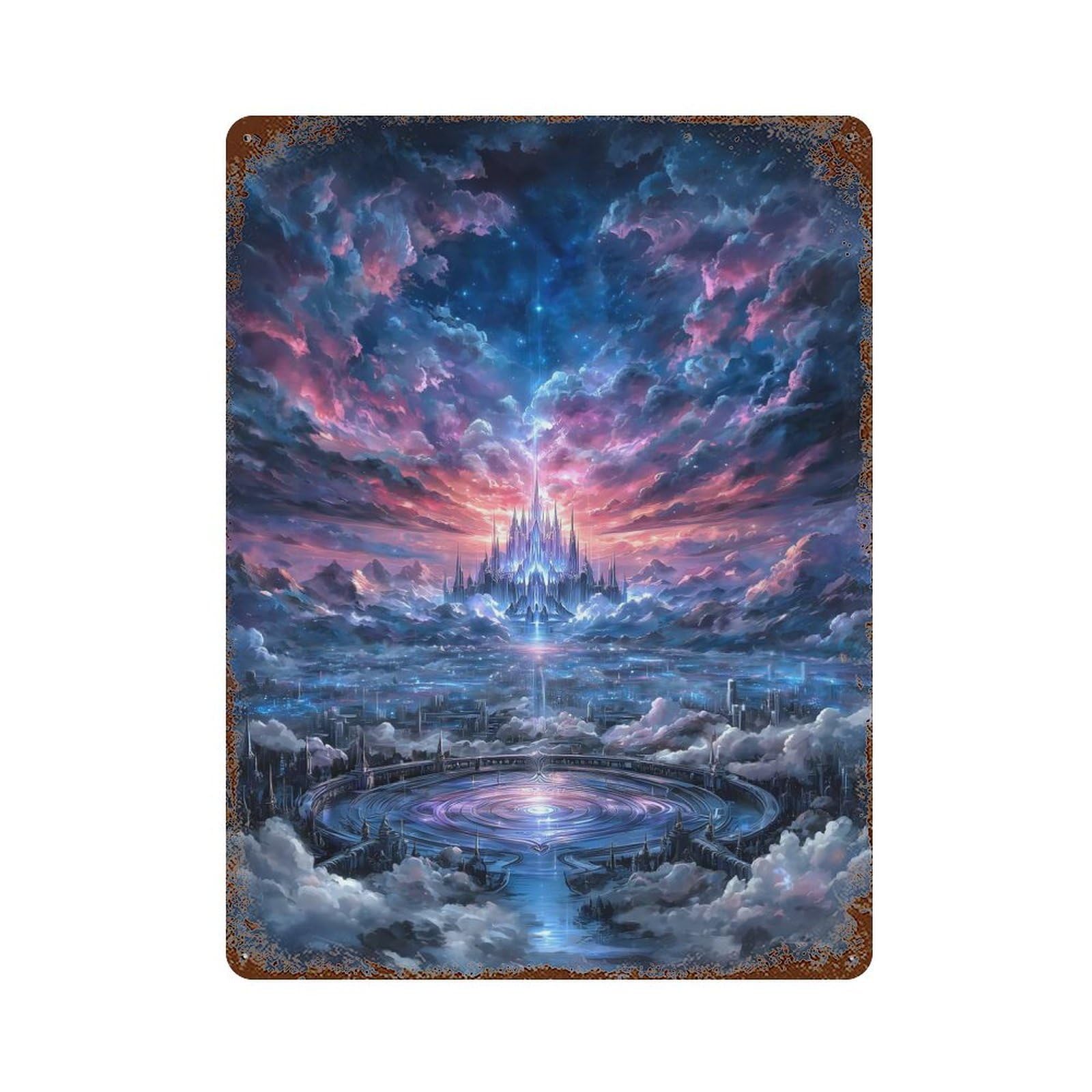 Fantasy Cityscape with Castle And Clouds Aged Metal Wall Plaque 15.7"x11.8", Decorative Metal Wall Art for Garage, Pub Or Kitchen