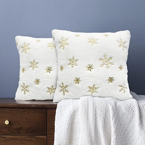 Miniatura 3 de LIGICKY Juego de 2 fundas de almohada de piel sintética blanca esponjosa con copos de nieve de lentejuelas doradas, decorativas, suaves, peludas,