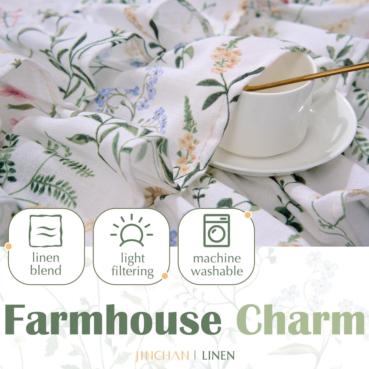 jinchan Ruffled Floral Valance Linen Shabby Chic Small Window Curtain 18 Inch Farmhouse Kitchen Valance for Bedroom Living Room Decor Cottagecore Rustic Window Treatments 1 Panel Green