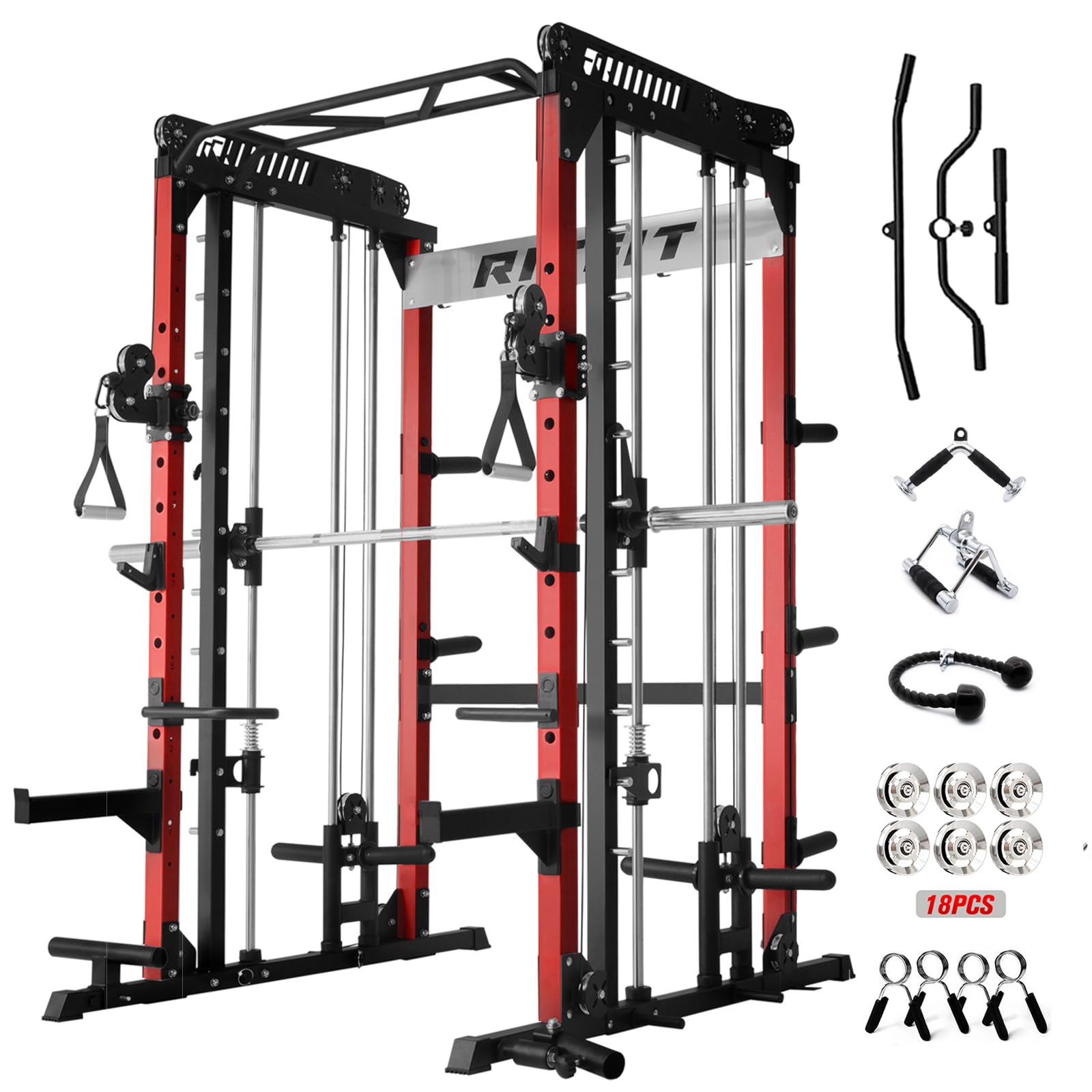 RitFit M1 & M1 Pro Smith Machine with Cable Crossover System, Multi-Function Squat Rack Power Cage for Home Gym, Power Rack and Packages Red M1 Upgraded 2.0