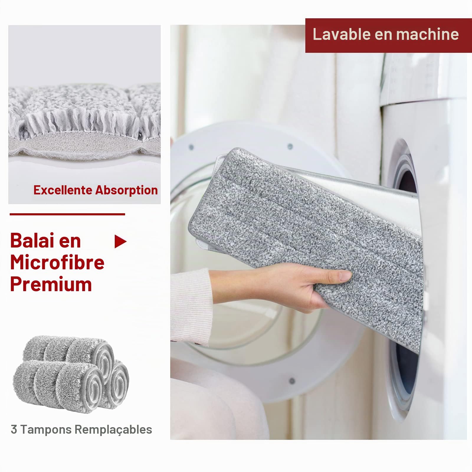 BOSHENG Ensemble Balai et Seau Mains Libres avec 3 tampons lavables, système de Nettoyage pour sols humides/secs, Rouge/Noir