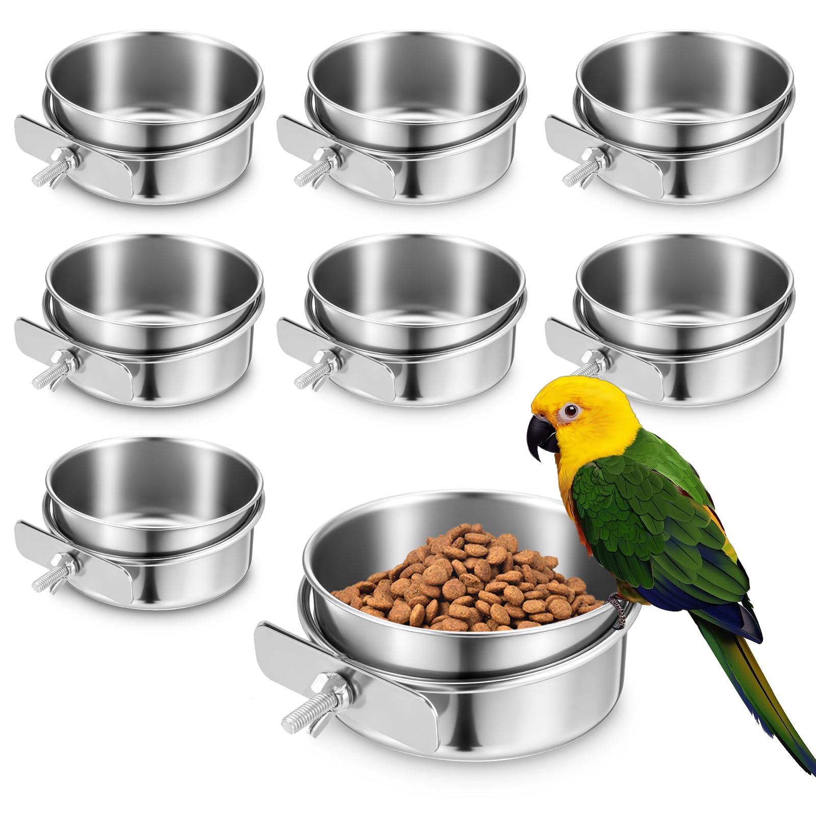 8 PCS Stainless Steel Bird Food Bowls Water Bowl with Clamp Holder, Parrot Feeding Dish Cups Birds Feeders for Cage, Bird Food Water Bowls for Cockatiels Conure Budgie Parakeet