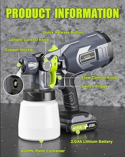 Miniatura 2 de Pulverizador de pintura inalámbrico con 2 baterías de 20 V y 2.0 Ah, la pistola rociadora de pintura HVLP de MYTOL incluye 1 cargador rápido, 3