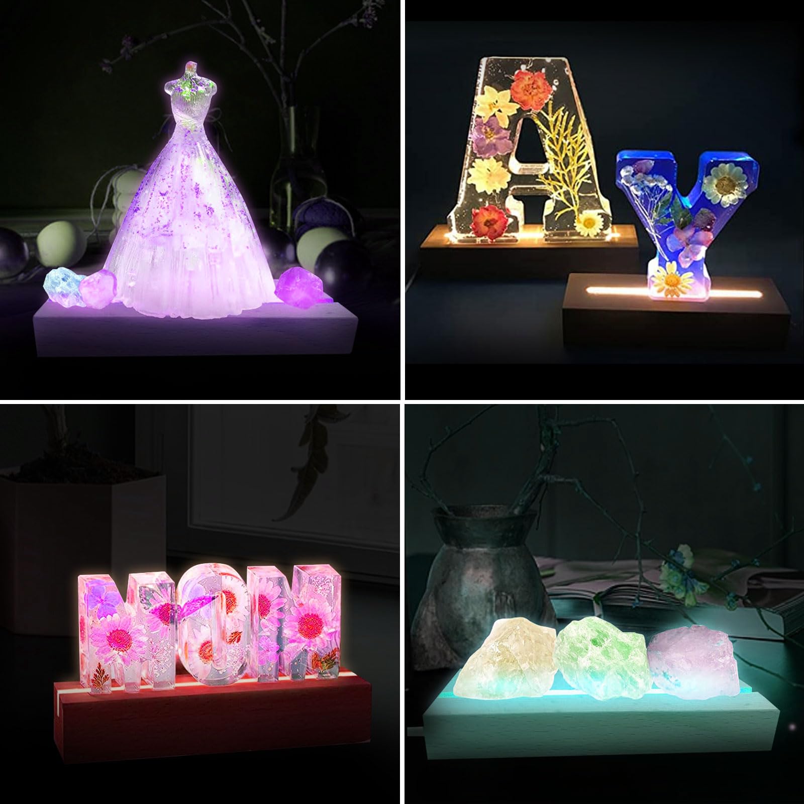 mumisuto 2 Pièces Socles Lumineux LED en Bois, 30cm Base de Présentation Rectangulaire en Bois avec Interrupteur USB, Support LED pour Cristal, Plaque Acrylique, Verre, Résine(Sept Couleurs