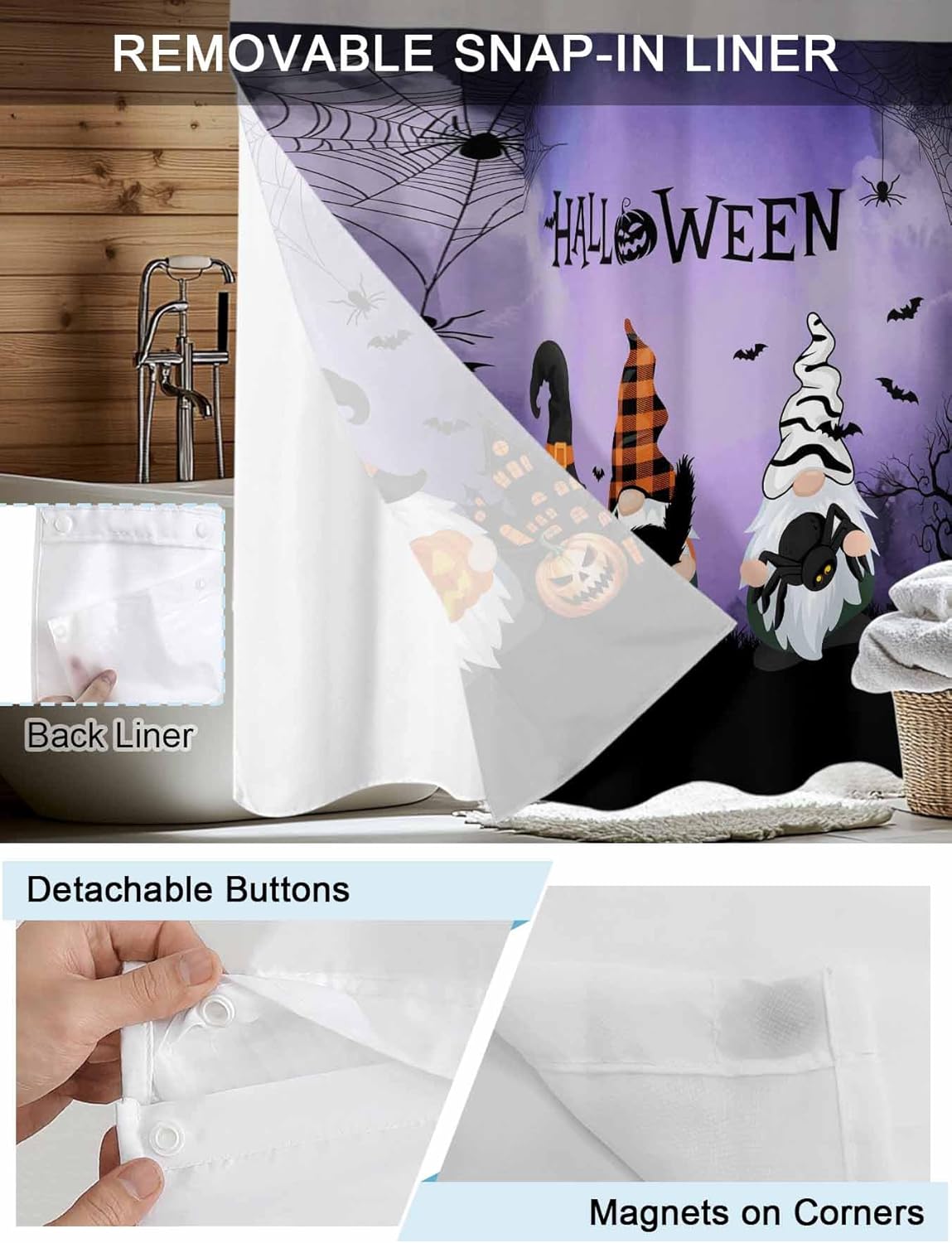 Teamery No Hook Shower Curtain with Snap in Liner, Halloween Hat Gnomes on Purple Curtain Set See-Through Top Double Layers Fabric Shower Curtains Black Hat Bat for Bathroom Decor, 36x72in