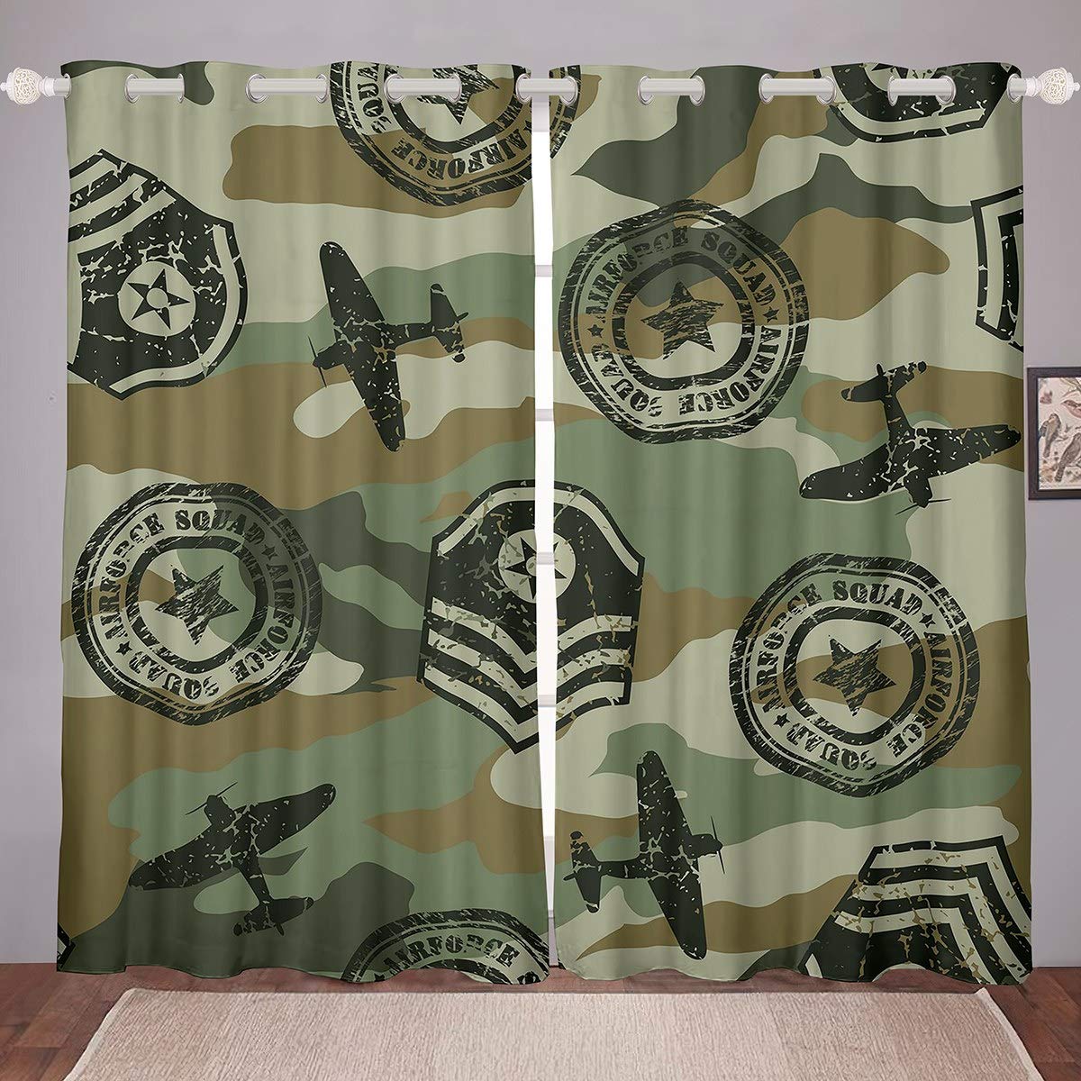 Loussiesd Boys Colour 7 Camouflage Blackout Curtains Teens 3D Aircraft Printed Curtains Kids Military Hidden For Bedroom Fighter Airplane Darkening Thermal Drapes,2 Panel Set W46*L72
