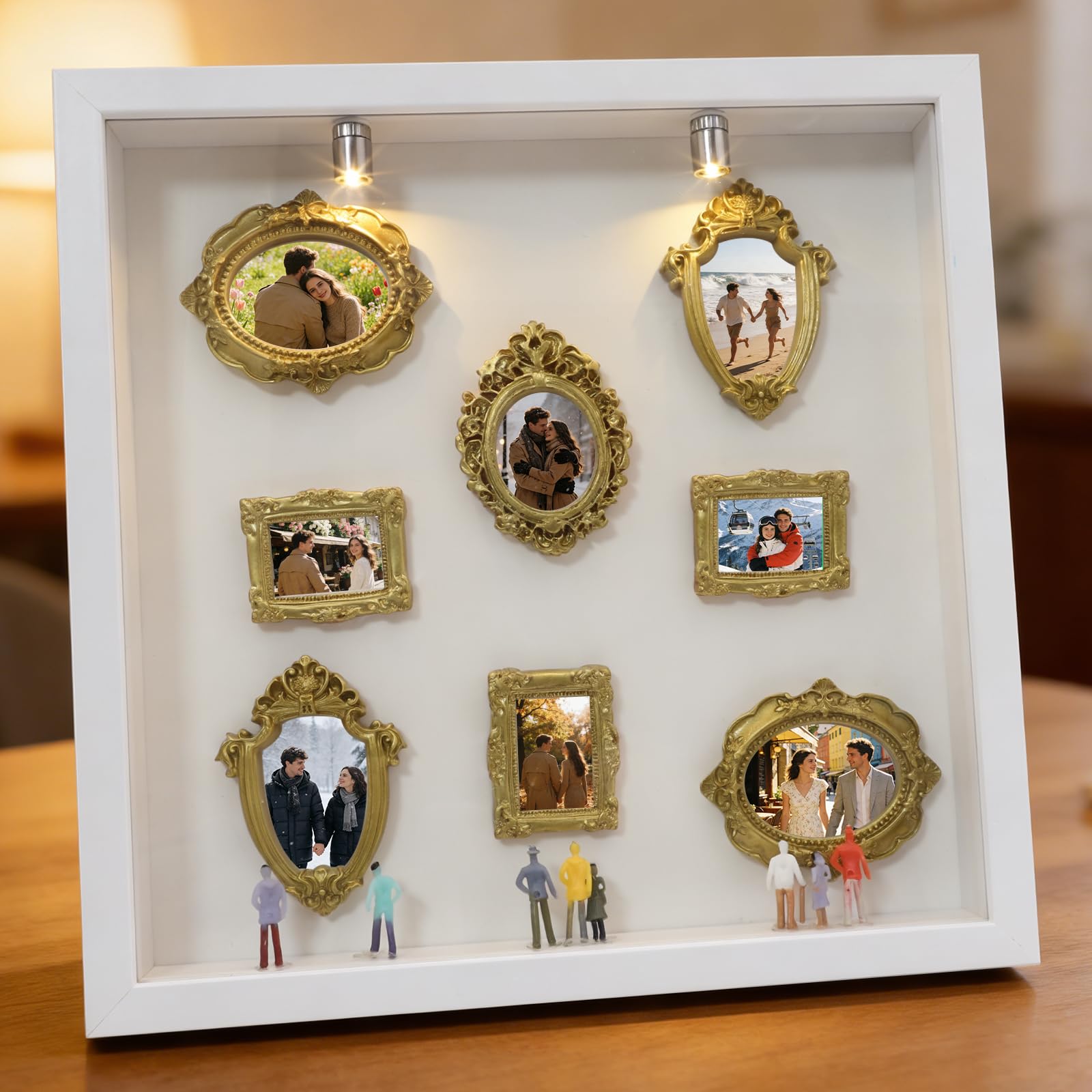 Yizhet Coffret DIY Mini Musée Silhouette – Cadre Photo Créatif Shadow Box avec Éclairage LED, 8 Mini Cadres Dorés & 8 Figurines Aléatoires pour Anniversaire, Mariage, Décoration Intérieure