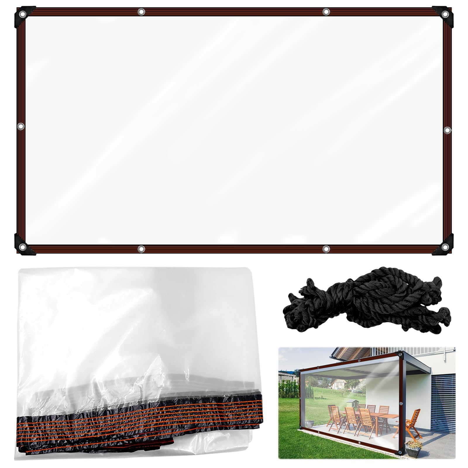 Clear PVC Tarpaulin 2m x 3m, Waterproof Transparent Cover Sheet with Reinforced Eyelets and Fixing Ropes for Pergola and Greenhouse