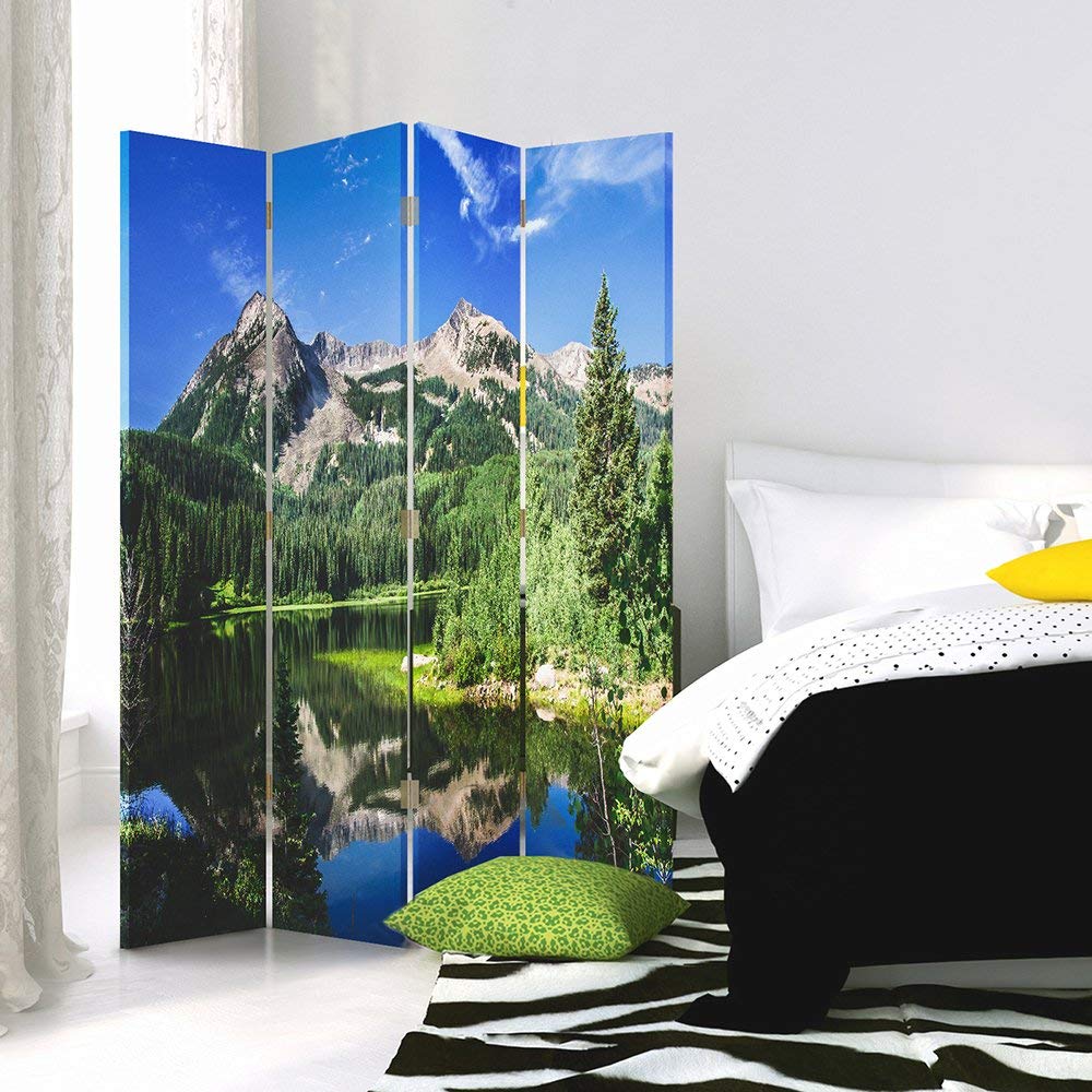 Feeby Paravent Paysage 4 Panneaux 145x150 cm Deux Côtés Cloison de séparation Écran Pliant Foto Paravent Interieur Décoratif Mur Espagnol Impression sur Toile Chambre d'enfant Salon Bureau Bleu