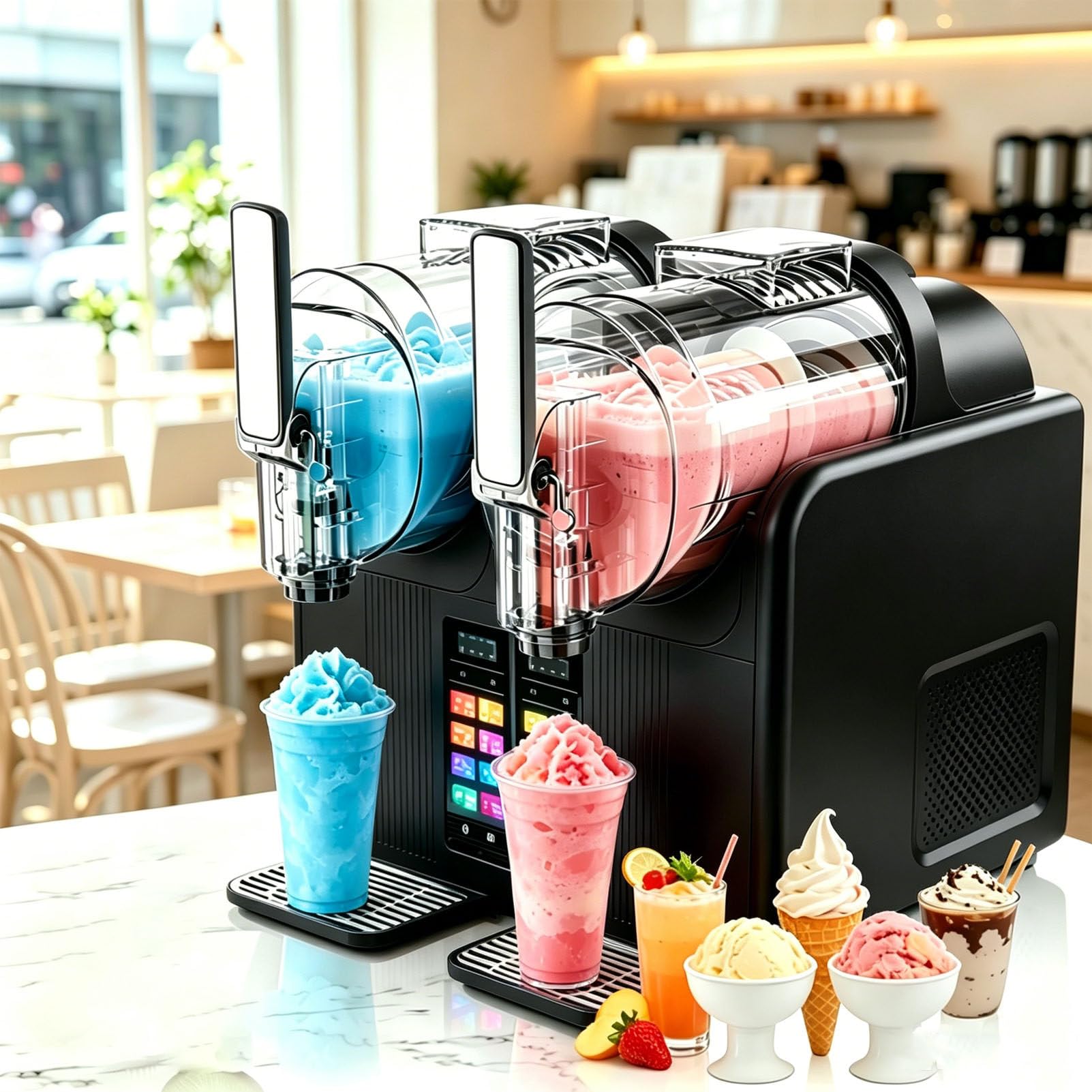Pfps Commercial Slushy Machine, 2-in-1 Soft Serve Ice Cream & Slushie Maker, Dual 2L Tanks, Auto-Clean, Preset Programs for Party Daily Drinks Black
