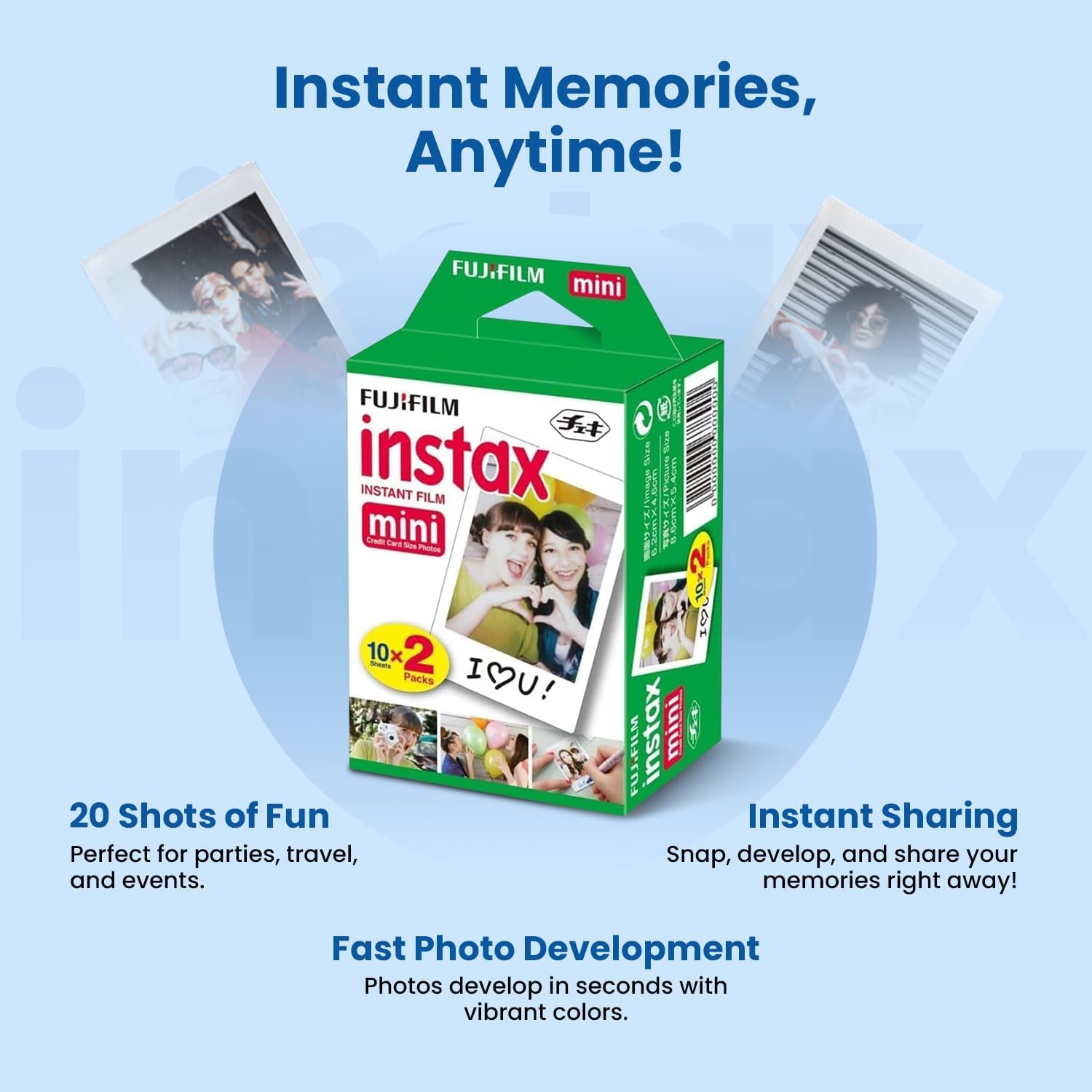 Fujifilm Instax Mini Instant Film, 60 Shots (10 Sheets x 6) – Capture Memories Anytime, Anywhere + BluebirdSales Premium Cleaning Cloth & 8 AA Batteries - 4