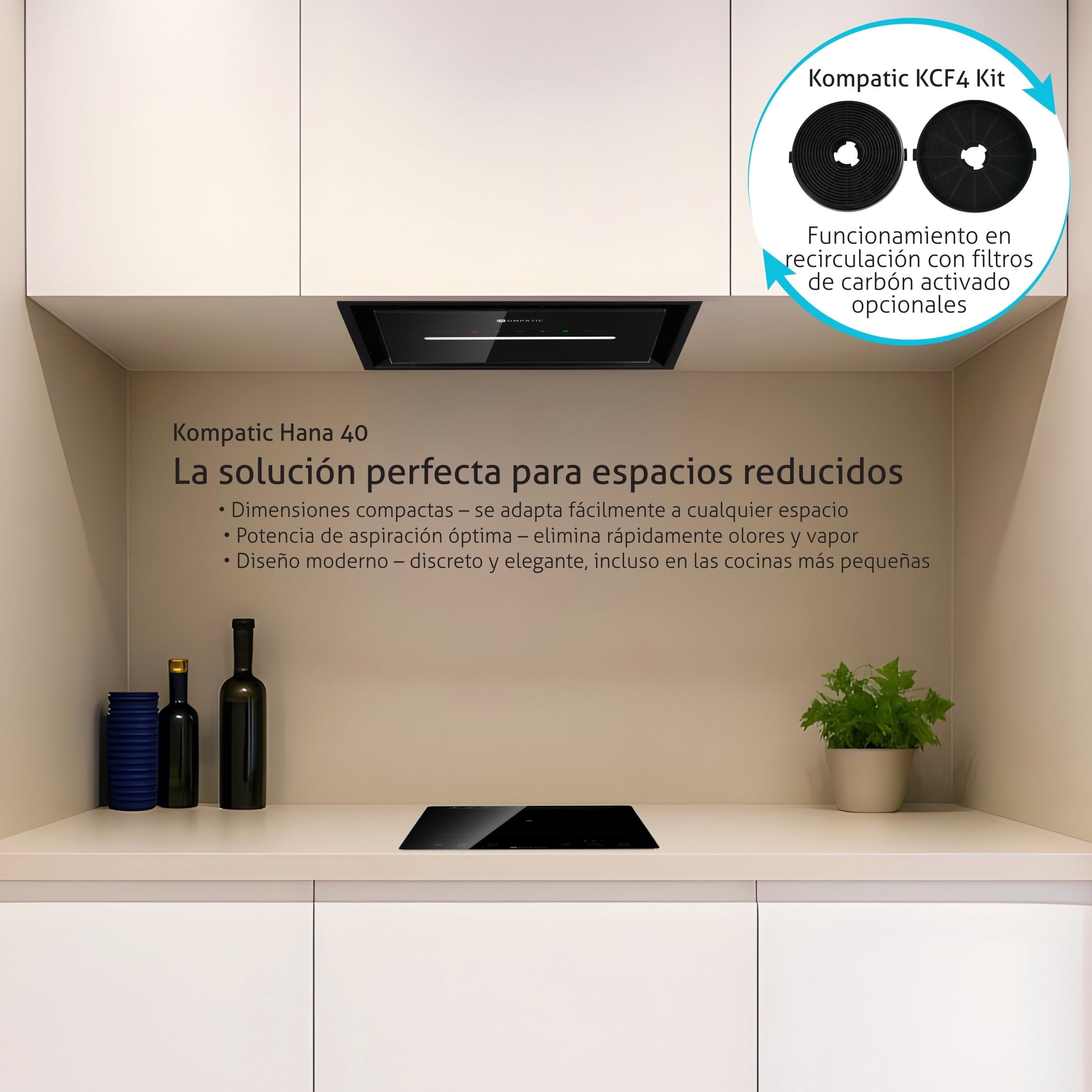 HANA 40 KPHN40BIB Campana Extractora Encastrable, A++ Control por gestos, 450 m³/h Táctil, Mando a distancia, Modo de purificación de aire, LED regulable Ajuste Temperatura Color 40 cm Negro