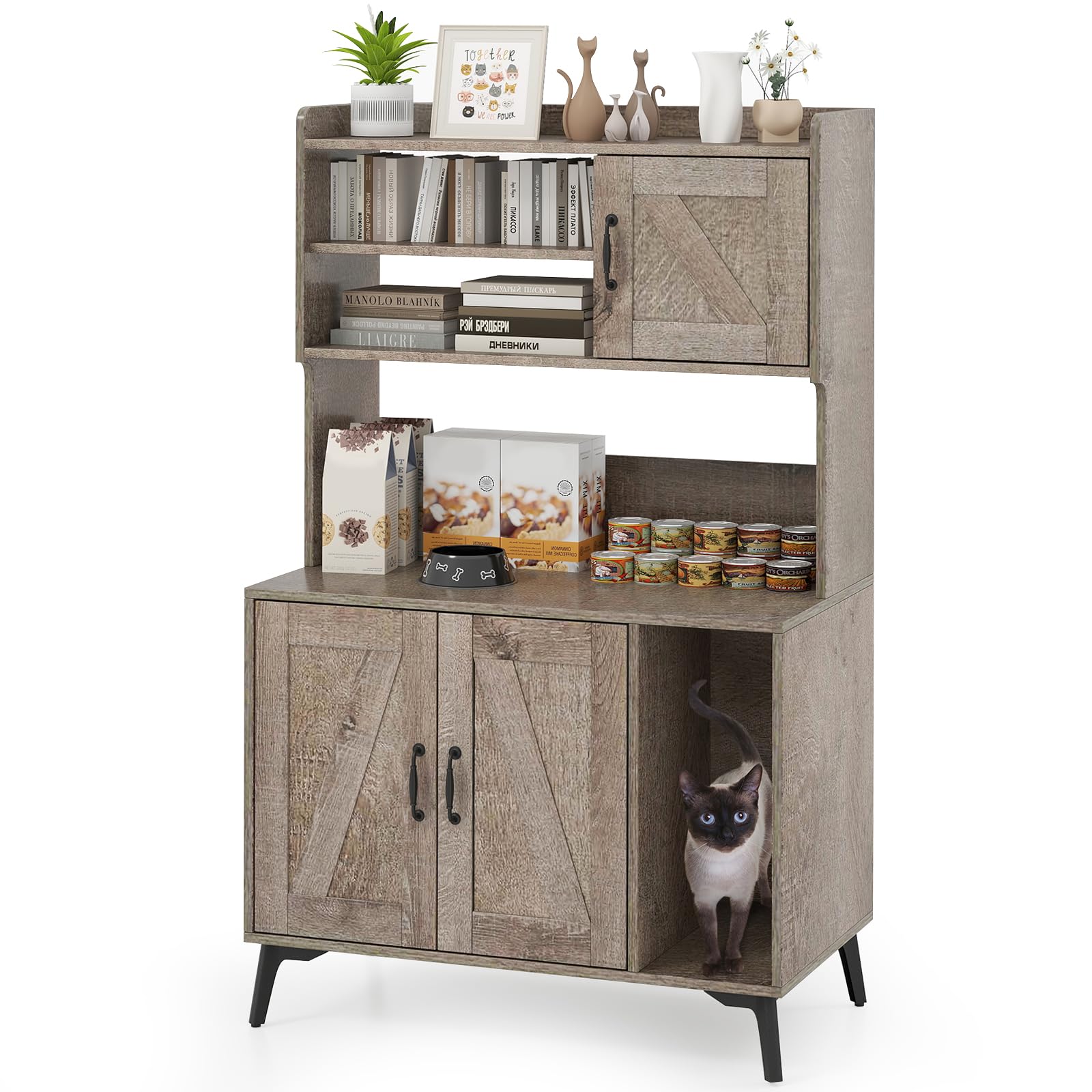 PETSITE Cat Litter Box Enclosure with Storage Shelf, 52 Inches Tall Modern Wooden Hidden Litter Box Furniture with Storage Shelving, Ideal for Indoor