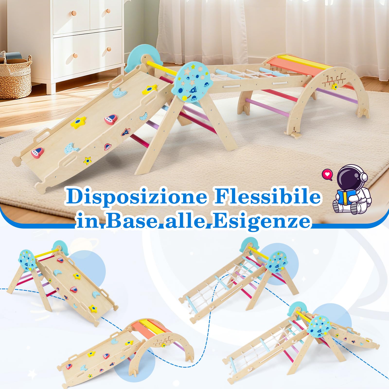 RELAX4LIFE Set da Arrampicata per Bambini, Triangolo di Arrampicata con Scivolo e Arco, Gioco di Incastri in Legno, Gioco Montessori per Bambini 1+ Anni