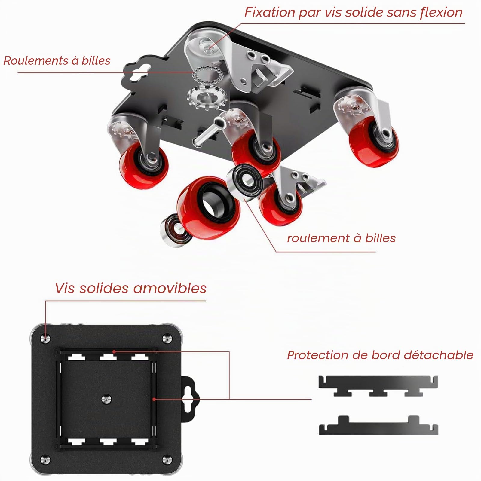 roulettes pour Meubles Lourds, Capacité de 1300 kg, Roulette Charge Lourde pour Déménagement de Meubles, 5 roulettes Pivotantes avec Kit Demenagement Latérale Amovible (Rouge)