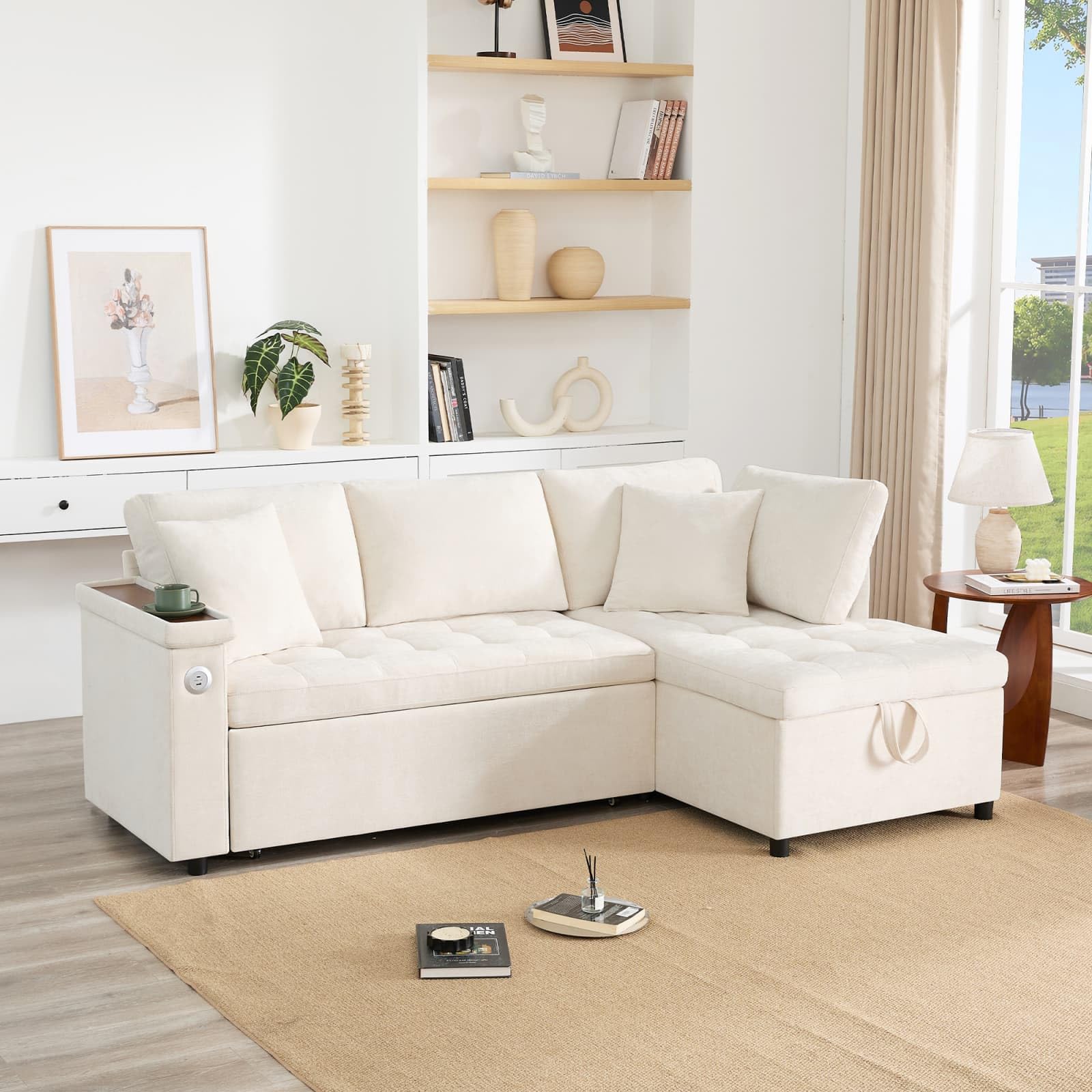 KOMHTOM Canapé Convertible en L avec Espace de Rangement, Canapé-lit avec Port USB, Compartiments de Rangement dans Les Accoudoirs et 2 Oreillers (Beige)