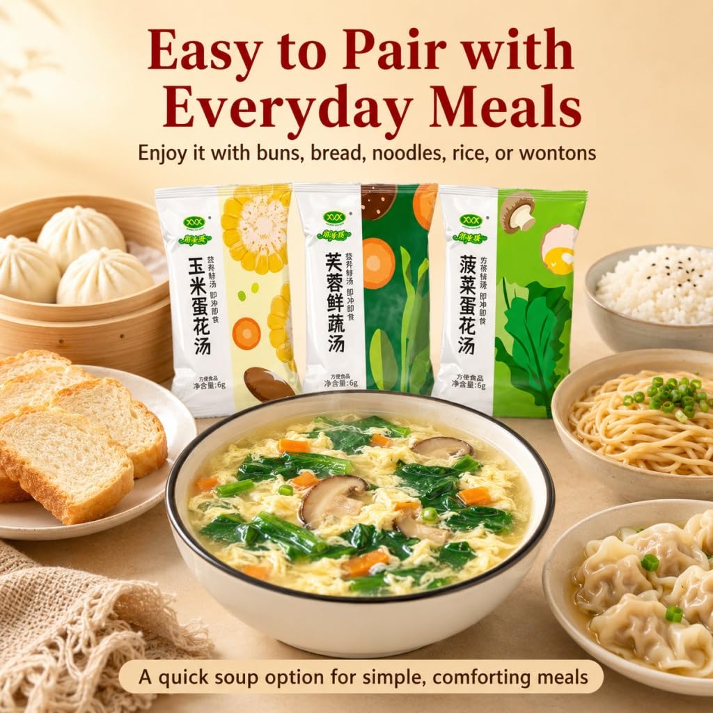 Mezcla De Sopa Instantánea 7 Sabores, 35 Paquetes Huevo Verduras Liofilizadas, Preparación Rápida 30 Segundos For Desayuno, Merienda Y Viajes