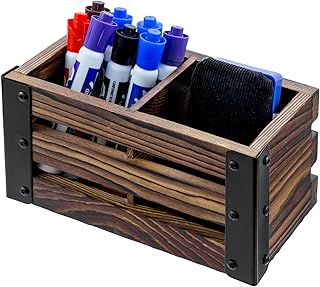 MyGift 2 Compartment Magnetic Office White Board Accessories Holder, Rustic Burnt Solid Wood Dry Erase Marker and Eraser Caddy with Black Metal Corner Brackets