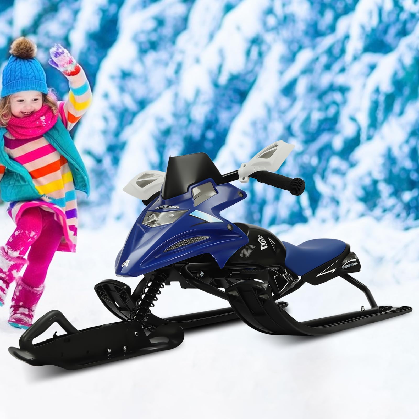 Slitta da neve sterzo per bambini con freno a pedale a 3 sci e sedile regolabile, robusto telaio in acciaio, portata 80 kg, perfetto regalo invernale per avventure sulla neve