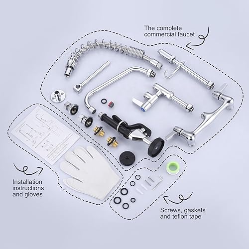 Miniatura 7 de Grifo de cocina comercial con pulverizador, preenjuague de montaje en pared, grifo de fregadero de cocina de 25 pulgadas de altura con boquilla