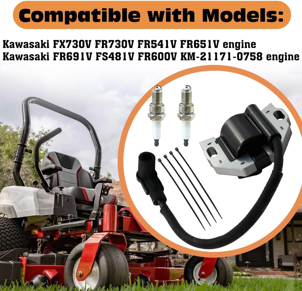 2 Pack of 21171-0740 Ignition Coil Module with Spark Plug for Kawasaki FX730V FR691V FR541V FR651V FR730V FS481V FR600V FS FX Series Lawn Mower Engines, Replace 21171-0743, 21171-0711, KM-21171-0758