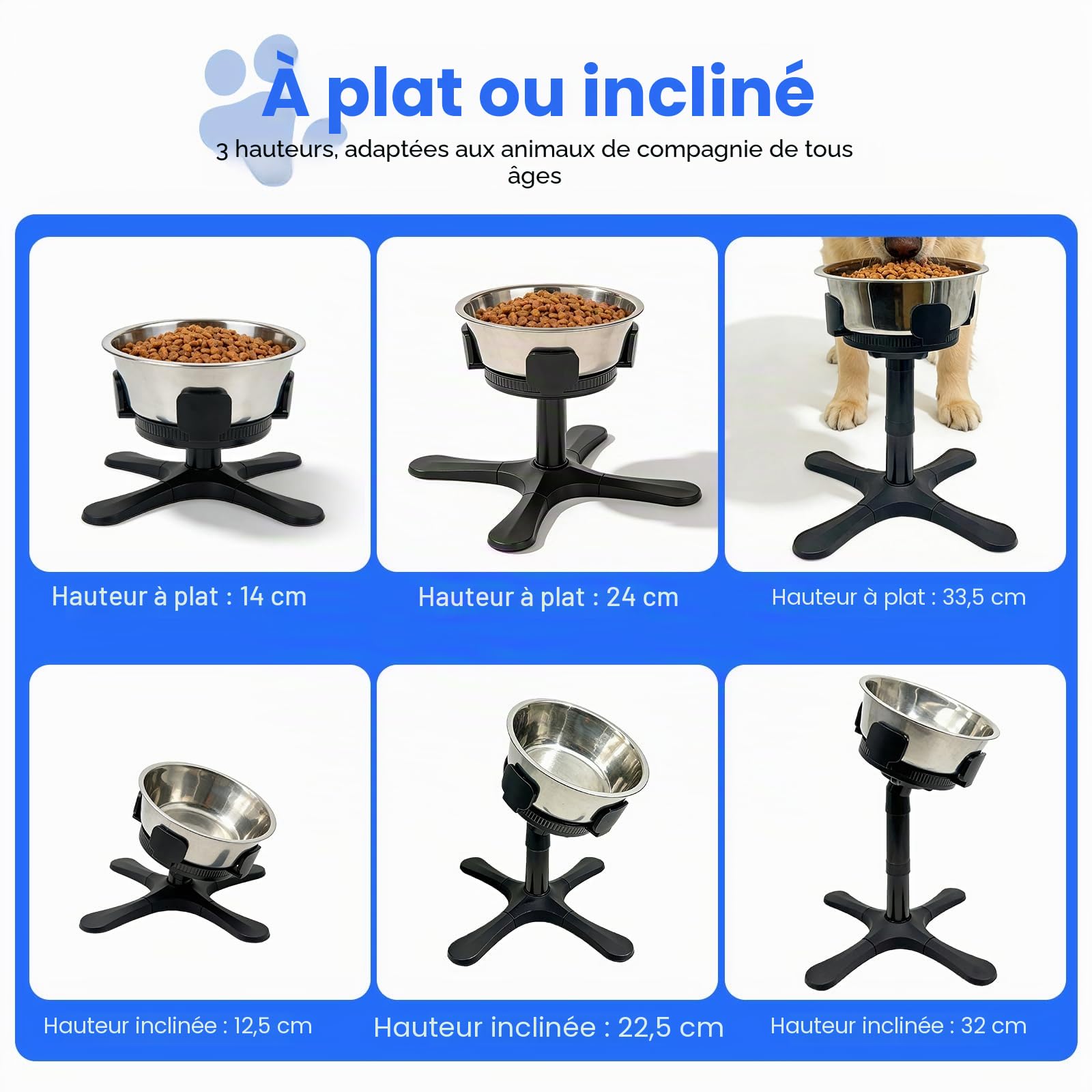 Support pour Gamelle de Chien Réglable en Hauteur, Surélevé, pour Petits, Moyens et Grands Chiens