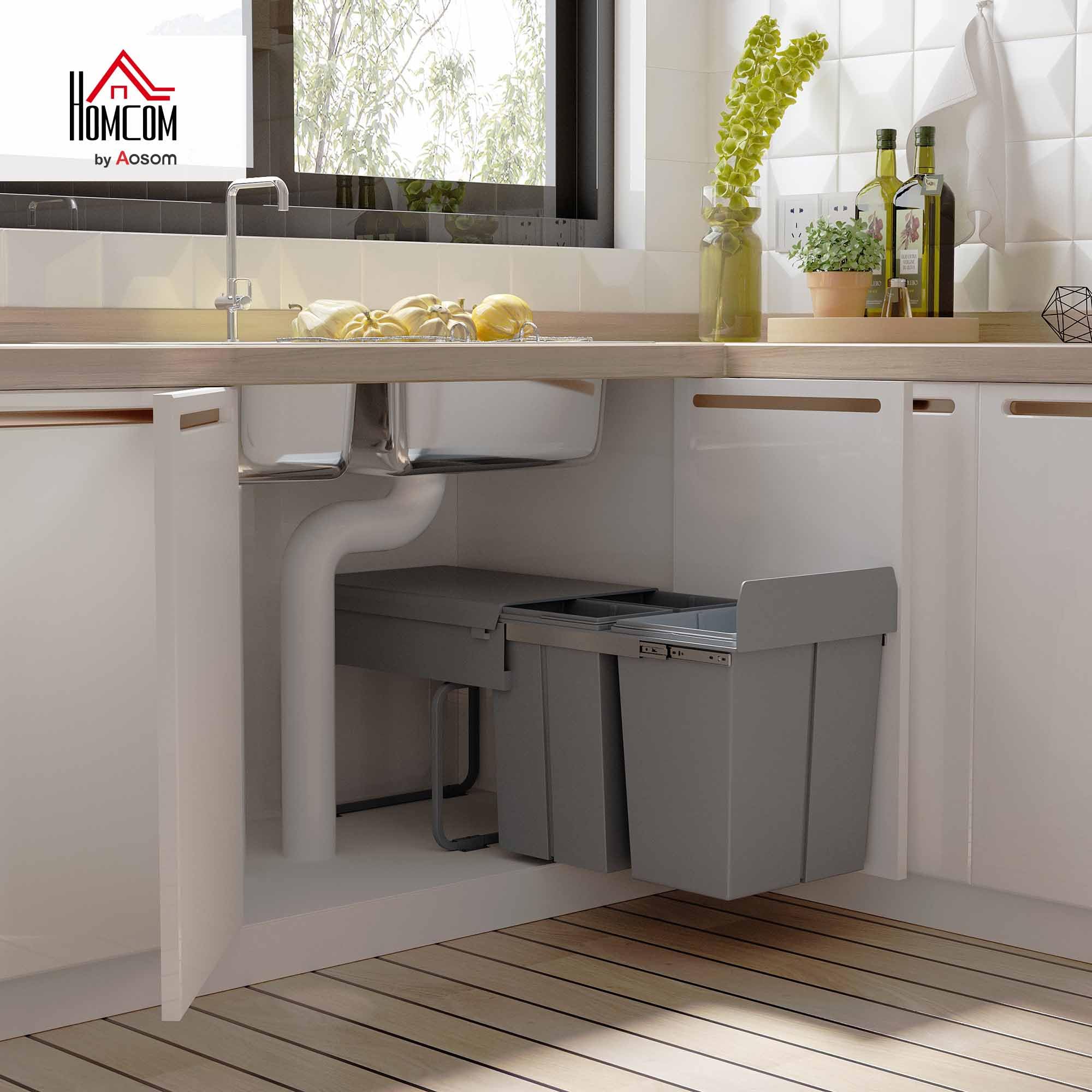 HOMCOM Poubelle cuisine coulissante encastrable 40L avec 3 bacs amovibles pour tri sélectif 2 x 10L et 1 x 20L - gris