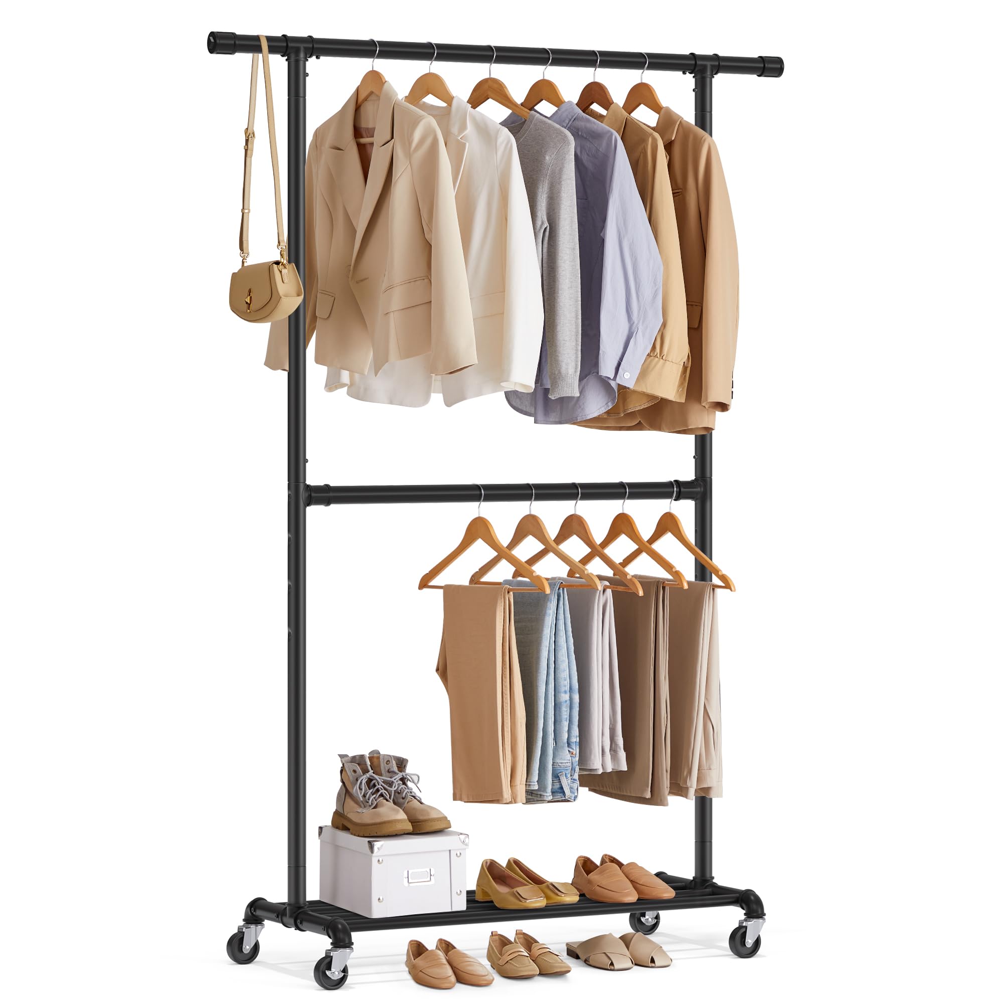 SONGMICS Heavy-Duty Clothes Rack, Double-Rod Clothing Rack for Hanging Clothes, Industrial Garment Rack on Wheels, Adjustable Metal Frame, 2 Casters with Brakes, Commercial Display, Black UHSR62BK