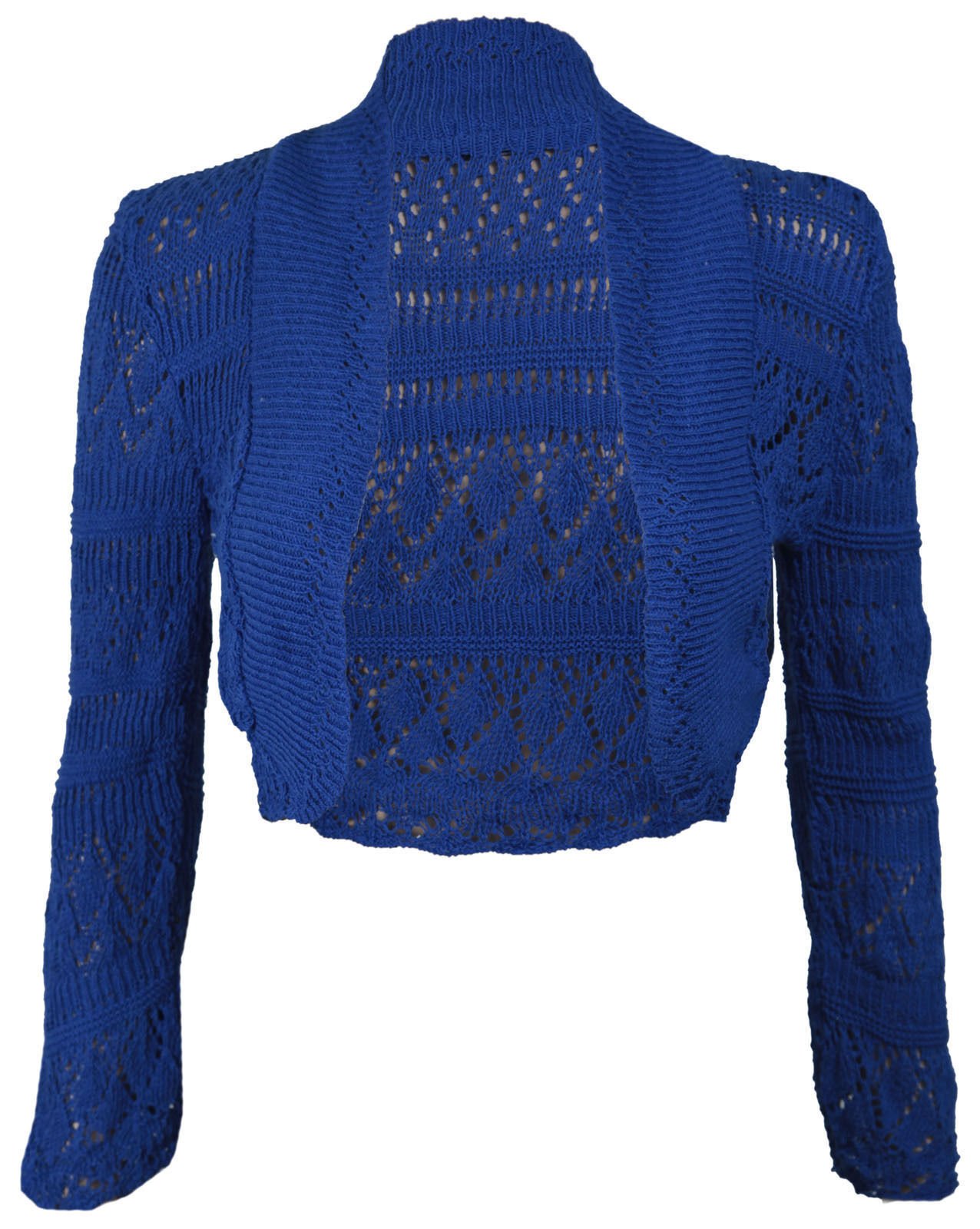 New Ladies Womens Long Sleeve Crochet Bolero Shrug Plain Cropped Knitted Open Cardigan Tops 8-14 Royal Blue