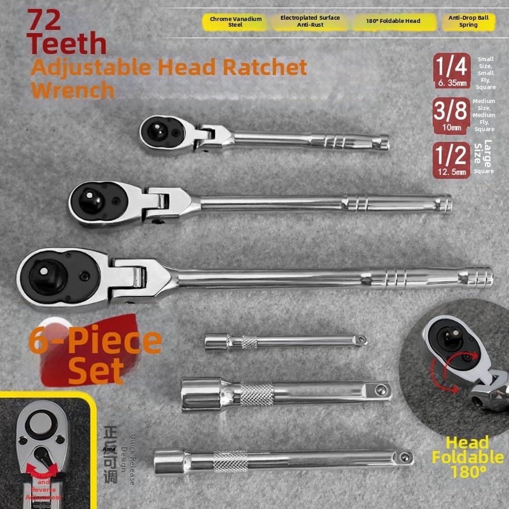 Juego de 6 llaves de carraca, 72 dientes, extendidas, plegables, reversibles, con varilla de extensión, herramienta mecánica profesional pequeña, mediana y grande