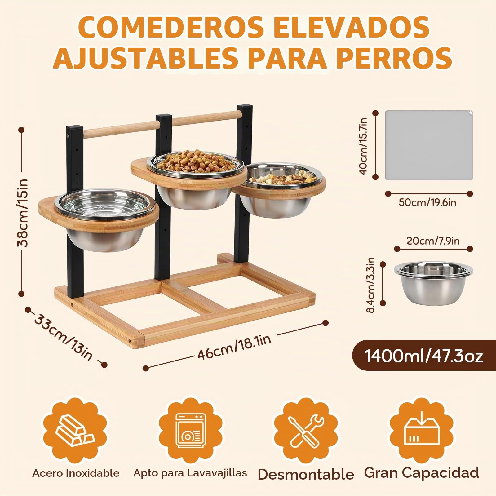 Comedero para perros elevado, 5 alturas ajustables con 3 cuencos 1400 ml