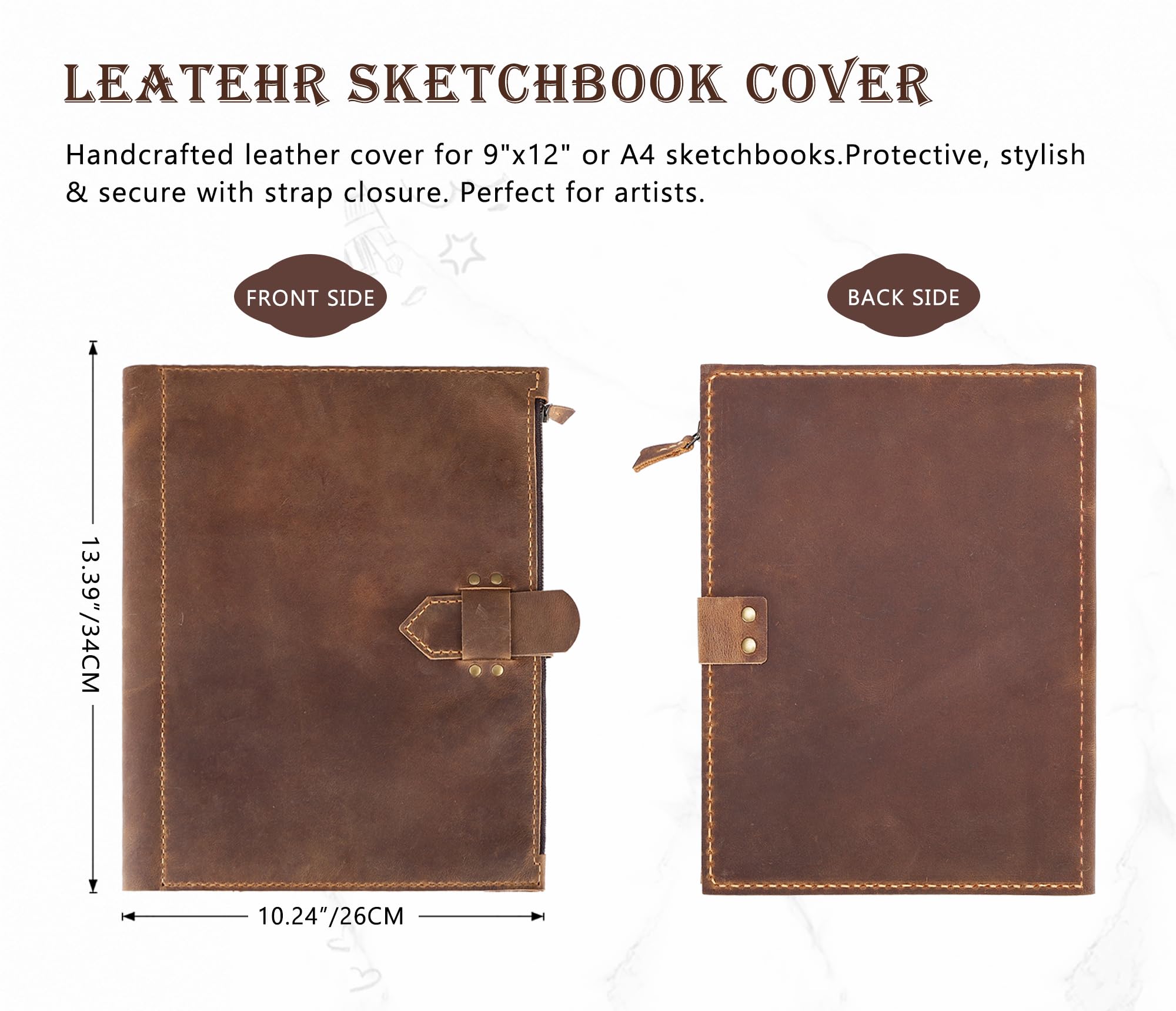 Fasjosma Housse de carnet de croquis en cuir pour carnet de croquis A4/22,9 x 30,5 cm – Fait à la main en cuir véritable avec porte-crayon et poche zippée, fournitures de dessin professionnel (marron