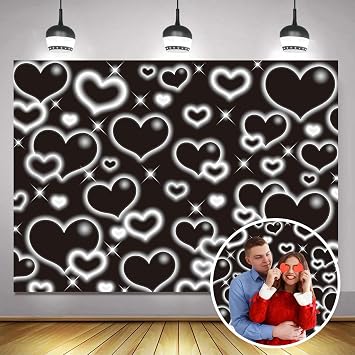 Black Heart Party Photo Backdrop 7x5FT Early 2000s Backdrops for Photoshoot Love Heart 90s Birthday Background Old School Valentines Selfile Wall Decorations