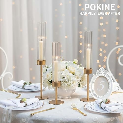 Miniatura 4 de Juego de 3 candelabros altos de cristal de huracán para bodas, decoración de Navidad, mesa de comedor, centros de mesa de fiesta