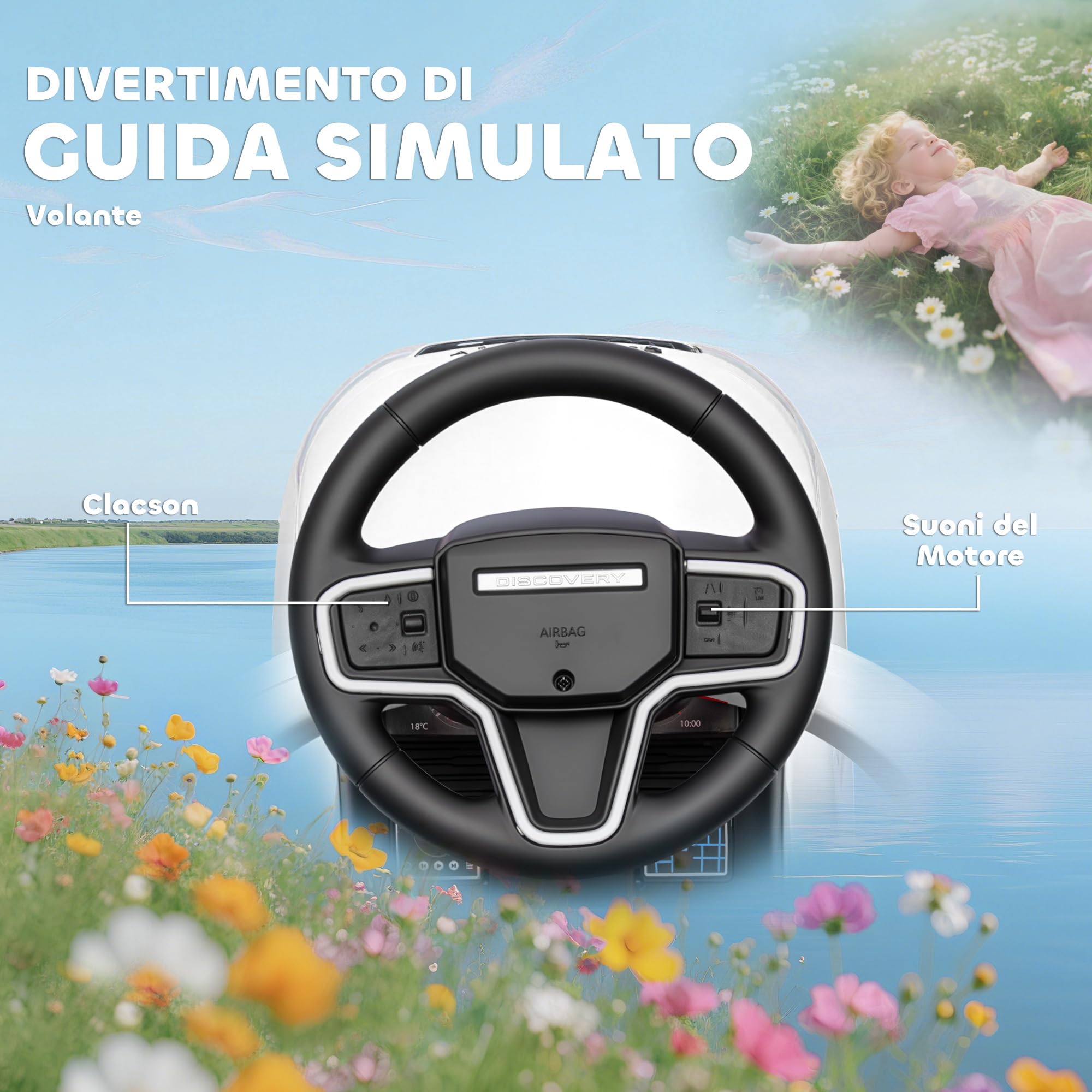AIYAPLAY Macchina Primi Passi Cavalcabile per Bambini 1-3 Anni Licenza Land Rover Discovery con Maniglione e Barriera a 360°, Passeggino per Bambini in PP e Acciaio, 84x40x94.5 cm, Bianco