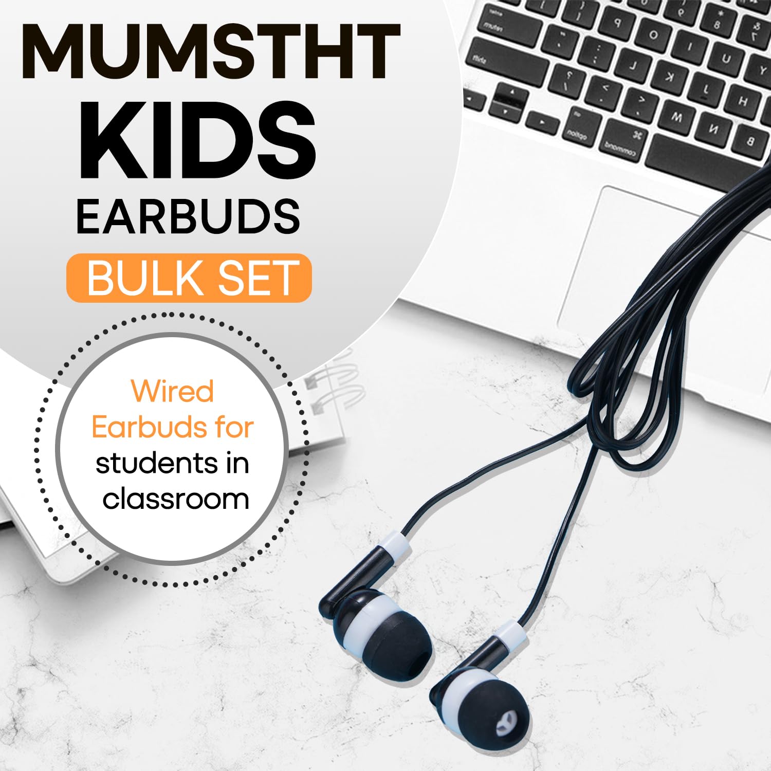 Confezione da 50 auricolari per bambini, per scuola, scuola, biblioteca, jack da 3,5 mm, auricolari all'ingrosso per computer portatili Chromebook (nero, YS001)