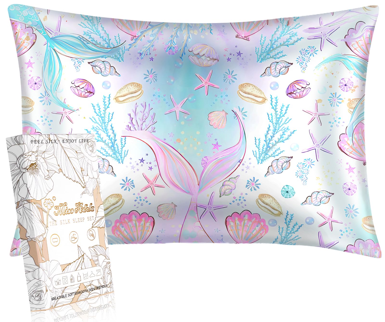 1 Pack Kids Pillowcase - 30"x20" Queen Mulberry Silk Pillow Case for Hair and Skin 19 Momme Cute Cartoon Kawaii Fun Pillowcase for Teens Boys Girls, Fish Tail