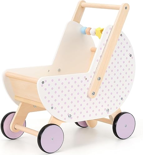 Miniatura 9 de Andador de bebé de madera y cochecito de muñeca – Mango ajustable, carro de empuje, antivuelco, ruedas silenciosas, carrito de compras simulado –