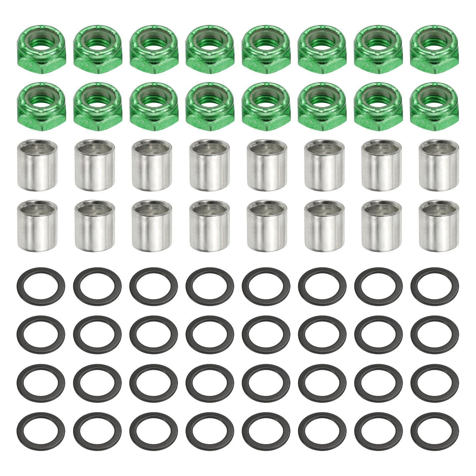 YELARXI Skateboard Truck Hardware Kit, Including 16 Pcs Skateboard Truck Nuts, 16 Spacers and 32 Pcs Axle Washers Green-Fitting For(Most Scooters/LongBoards/Hardware Kit)