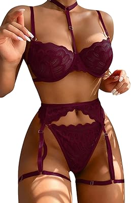 Lilosy Sexy Choker Floral Lace Scallop Sheer Underwire Push Up Garter Belt Lingerie Set 3 Piece