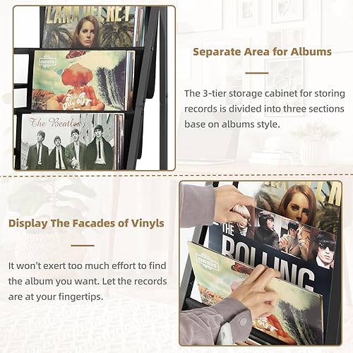 Miniatura 3 de Bikoney Soporte para tocadiscos, soporte giratorio con almacenamiento de discos de vinilo de 3 niveles, mesa para tocadiscos de hasta 200 álbumes,