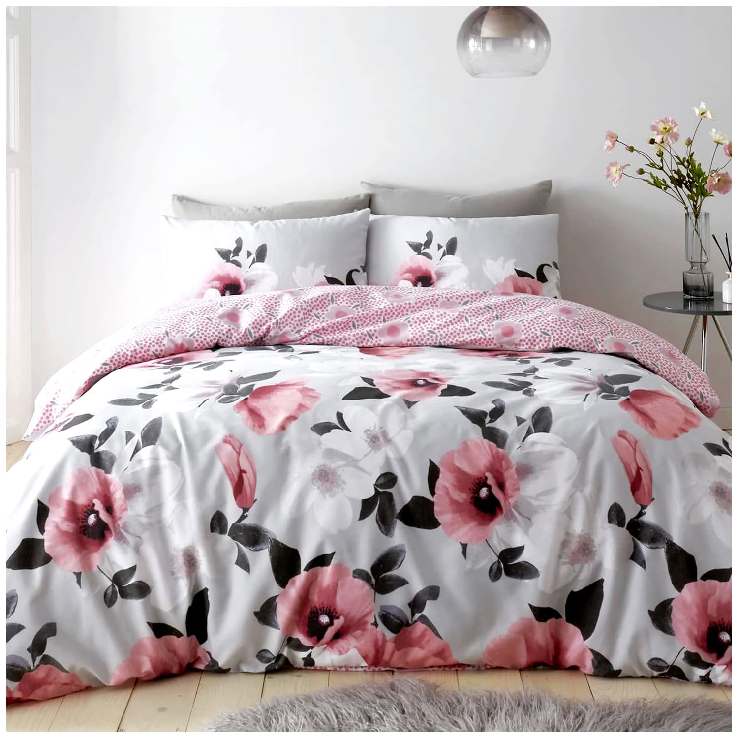 Gc Gaveno Cavailia 3D Digital Poppy Blush Pink Floral Double Bed Bedding Sets - Reversible Bedding With Matching Pillowcases - Botanical Pilka Dots Double Duvet Set - Blush Pink