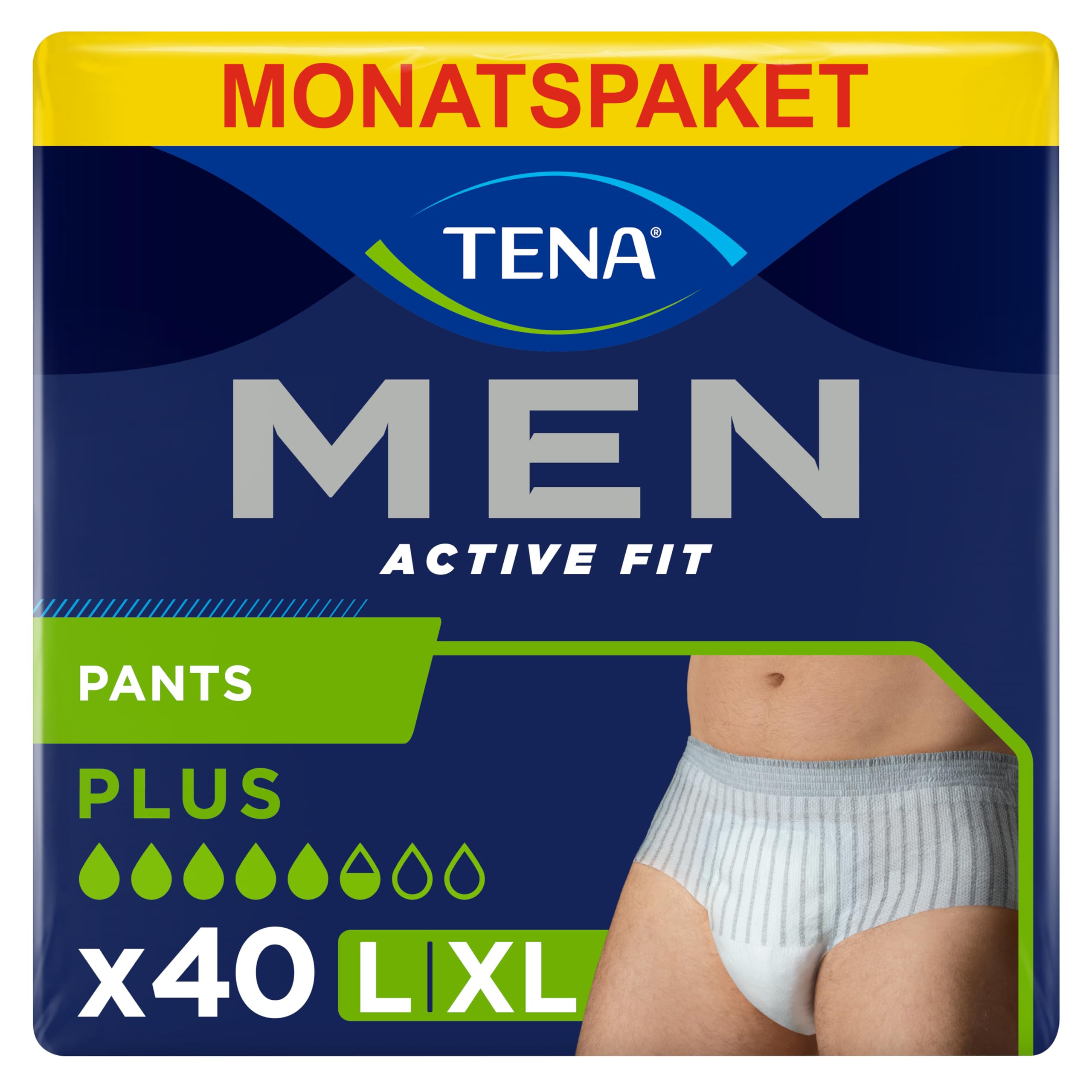TENA MEN Active fit Pants Plus - 40 Stück im Monatspaket (4 x10) - Einweghosen für Männer - bei mittlerem bis starem Urinverlust - Größe L
