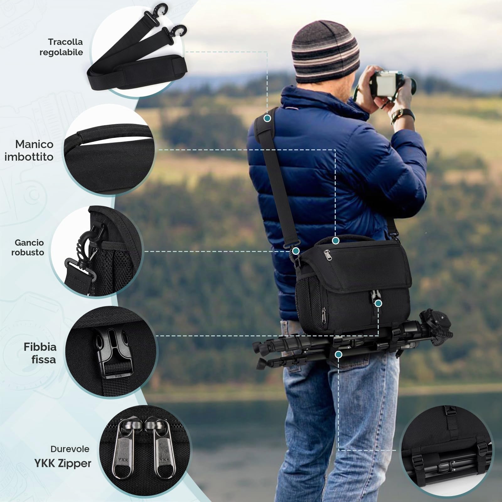 RAINSMORE Borsa Fotografica SLR DSLR Piccola Borsa Tracolla Macchina Fotografica Impermeabile Borse per Fotocamera Reflex con Tracolla Regolabile Nero