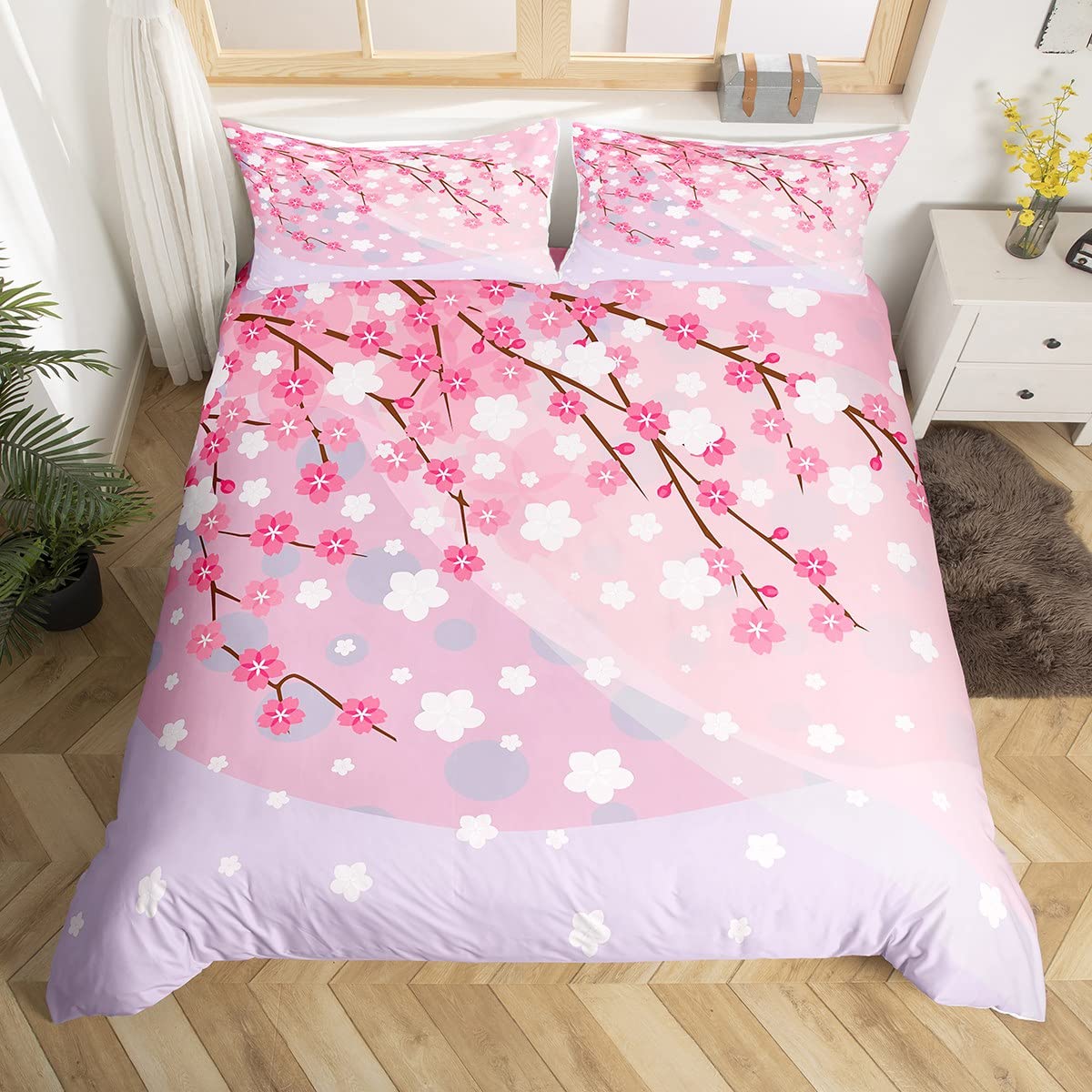Parure de lit enfants housse de couette fleurs cerisier blanche rose Super King size
