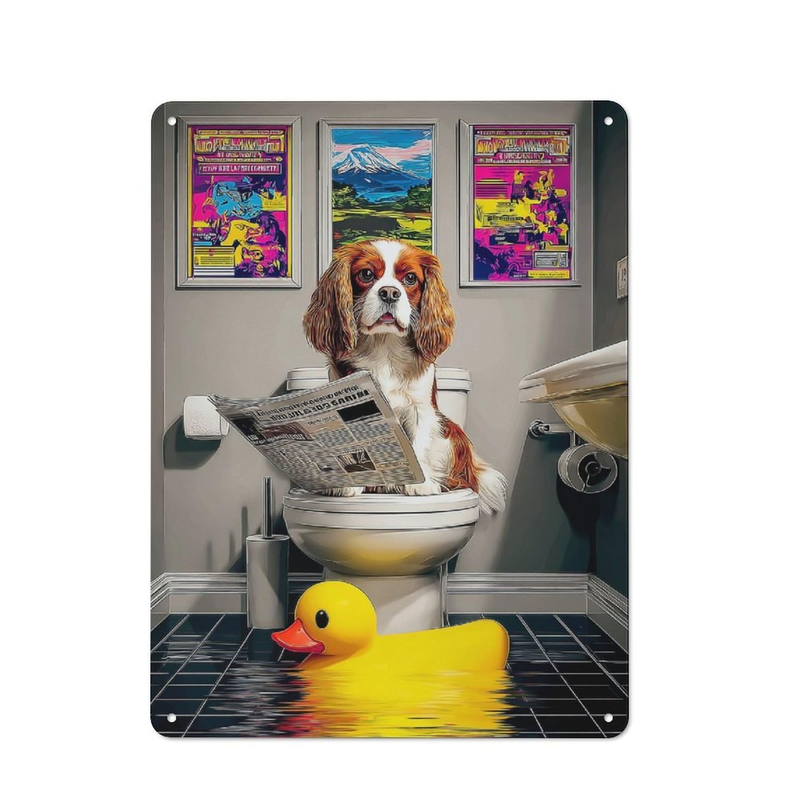 Junmoney Dog Reading Newspaper In Bathroom-4 Country Metal Wall Decor 40X30cm, Tin Wall Plaque For Cottage, Kitchen, Hallway Or Breakfast Nook
