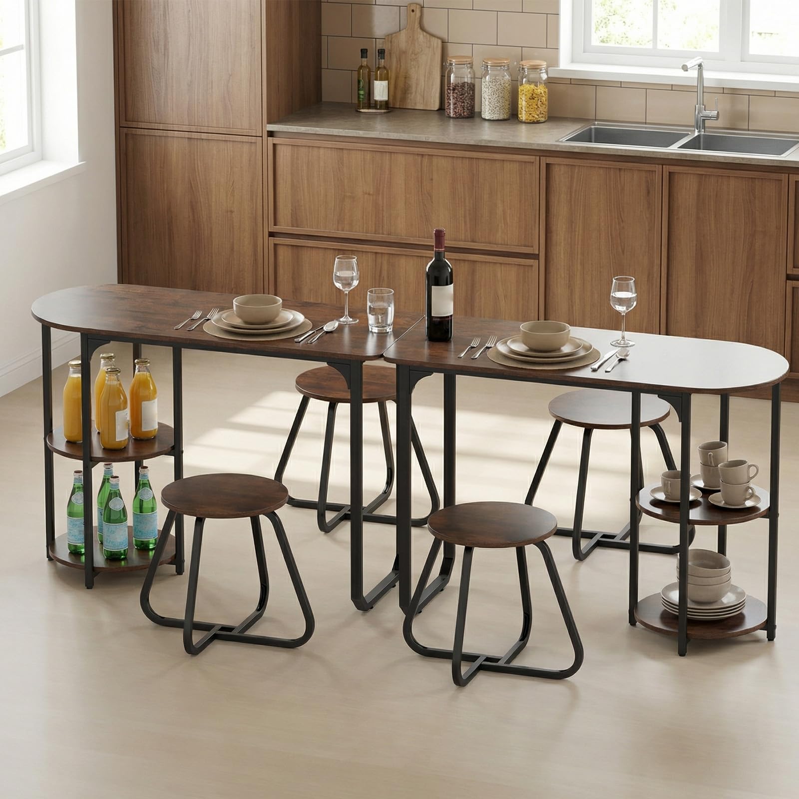 GIANTEX Conjunto de comedor con mesa y 2 taburetes, mesa de comedor con 2 estantes, mesa de madera de 110 x 45 x 78 cm, mesa de cocina rectangular para espacios pequeños, cocina, salón (marrón)